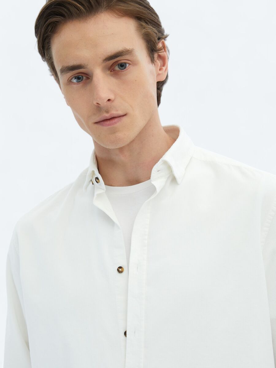 White Ribbed Regular Fit Weaving Casual 100% Cotton Shirt - 5