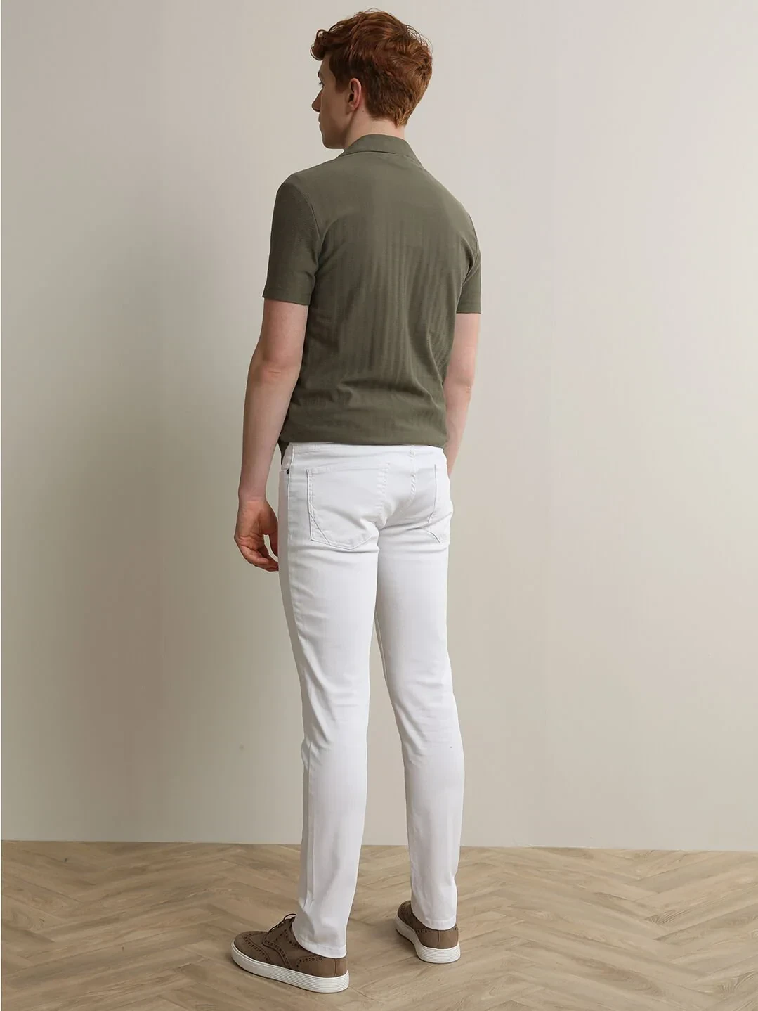 White Slim Fit Denim Cotton Blended Trousers - 5