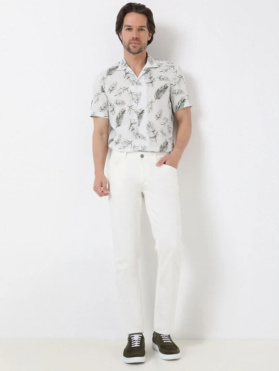 White Slim Fit Denim Cotton Blended Trousers - 1