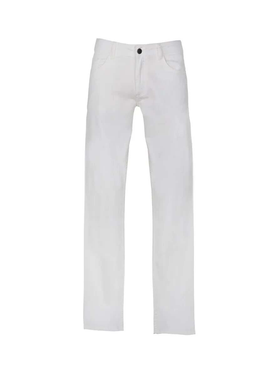 White Slim Fit Denim Cotton Blended Trousers - 5