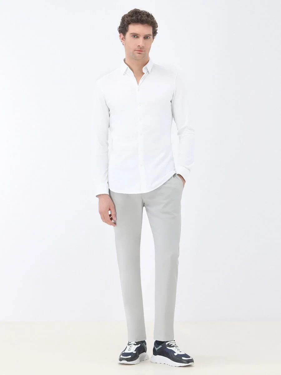 White Slim Fit Knitting Casual 100% Cotton Shirt - 2