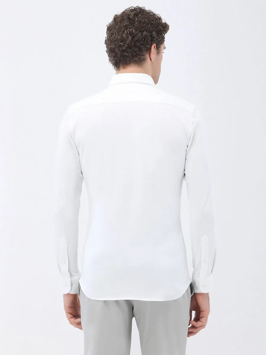 White Slim Fit Knitting Casual 100% Cotton Shirt - 5