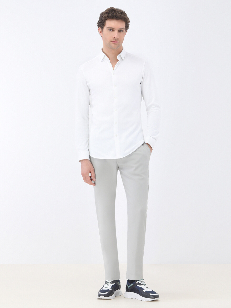 White Slim Fit Knitting Casual 100% Cotton Shirt - 2