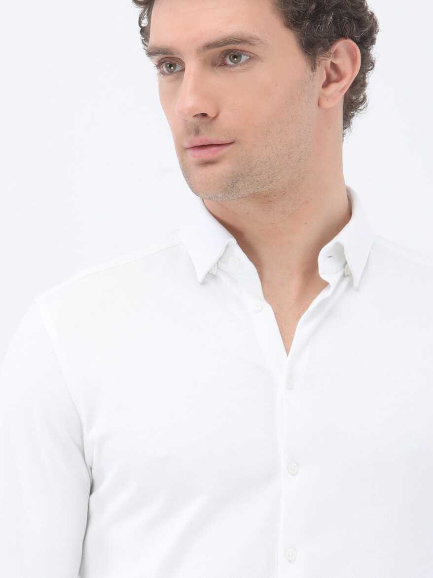 White Slim Fit Knitting Casual 100% Cotton Shirt - 4