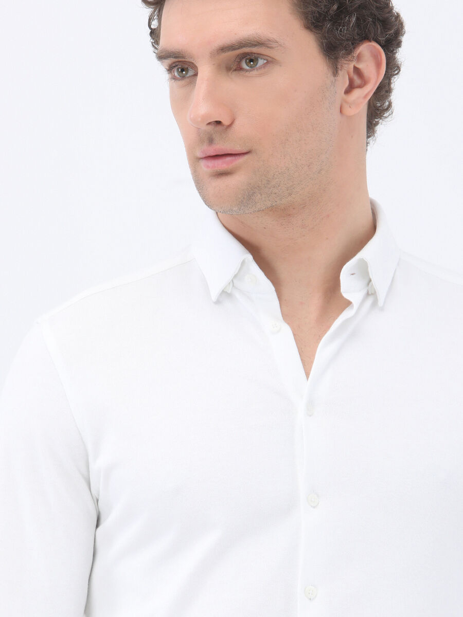 White Slim Fit Knitting Casual 100% Cotton Shirt - 4