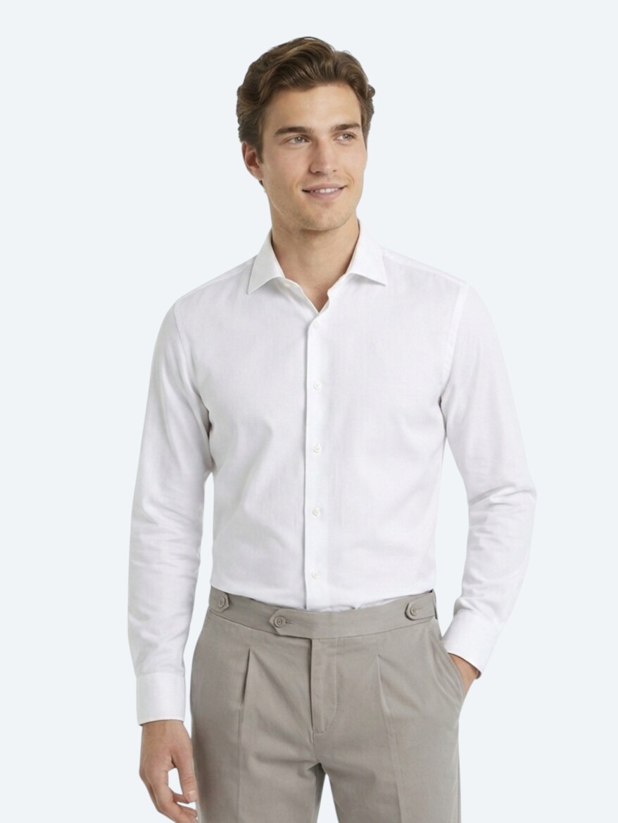 White Slim Fit Long Weaving Classical 100% Cotton Shirt - 1