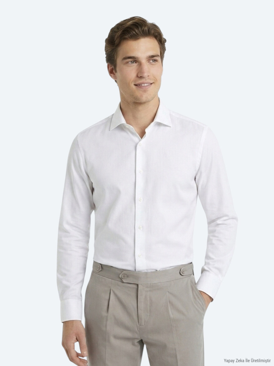 White Slim Fit Long Weaving Classical 100% Cotton Shirt 