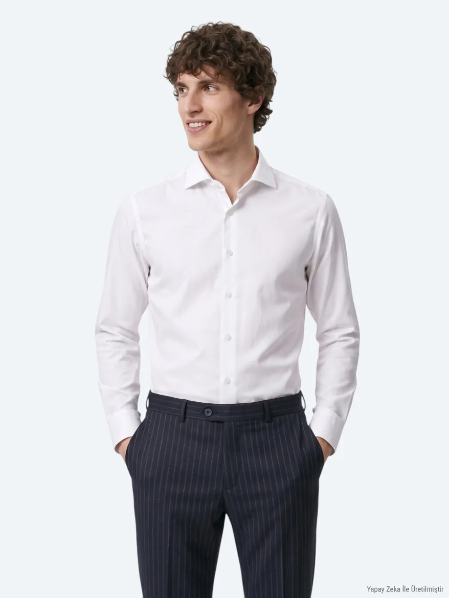 White Slim Fit Long Weaving Classical 100% Cotton Shirt - KİP