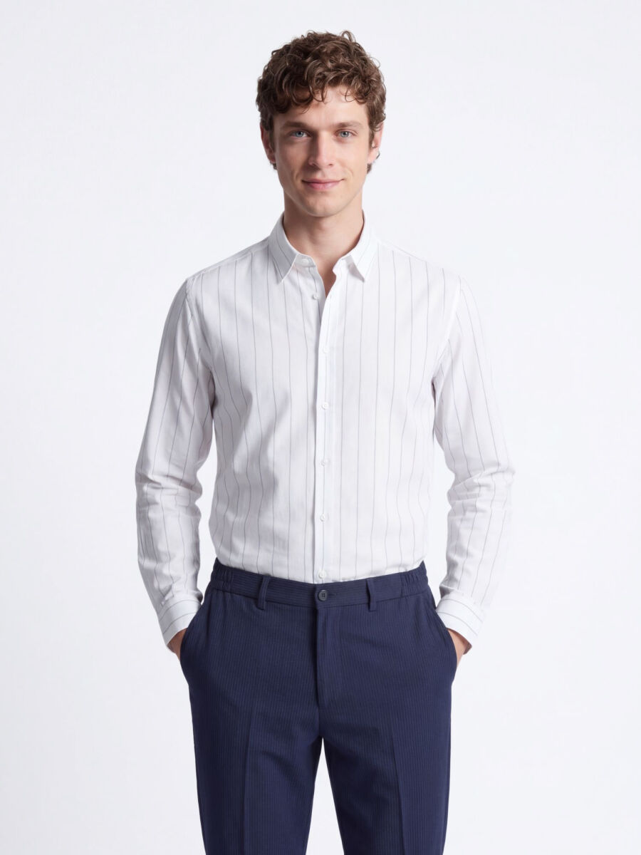 White Striped Regular Fit Long Weaving Casual Cotton Blended Shirt - 1
