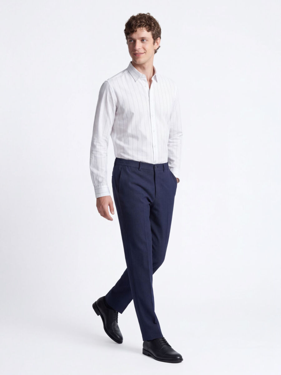 White Striped Regular Fit Long Weaving Casual Cotton Blended Shirt - 2