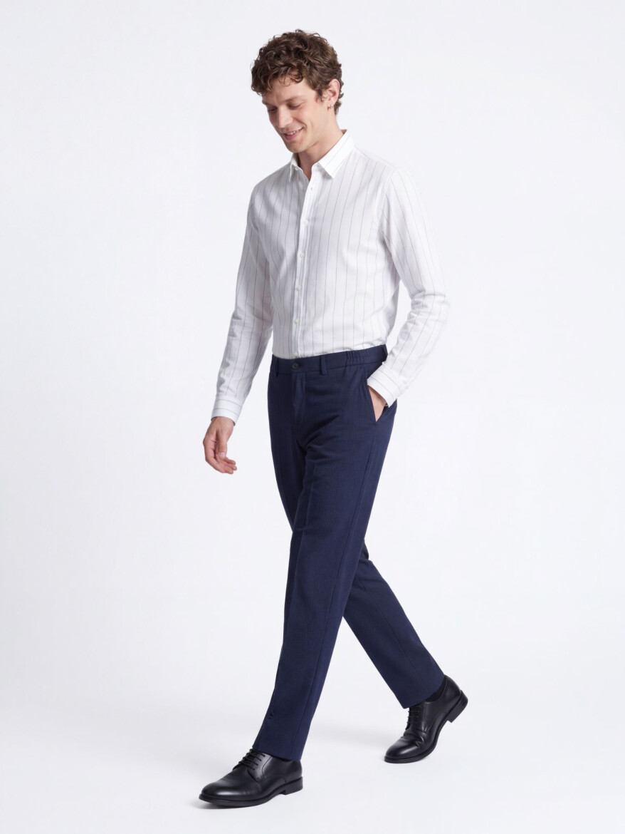 White Striped Regular Fit Long Weaving Casual Cotton Blended Shirt - 4