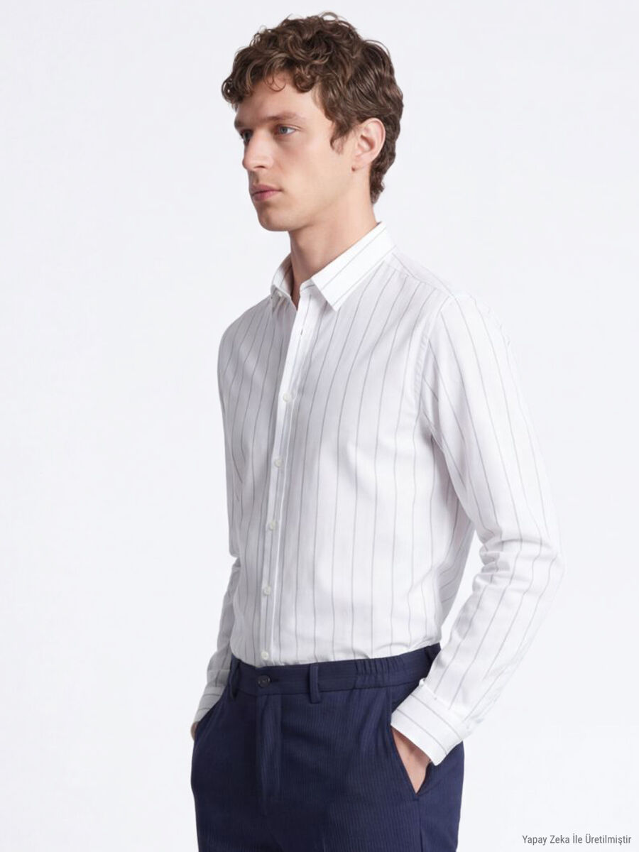White Striped Regular Fit Long Weaving Casual Cotton Blended Shirt - 3