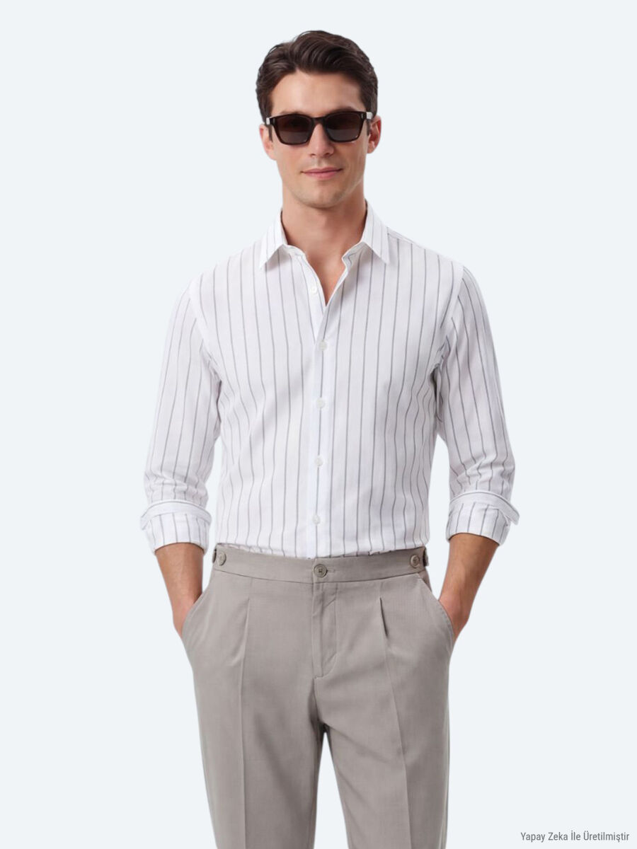 White Striped Regular Fit Long Weaving Casual Cotton Blended Shirt - 2