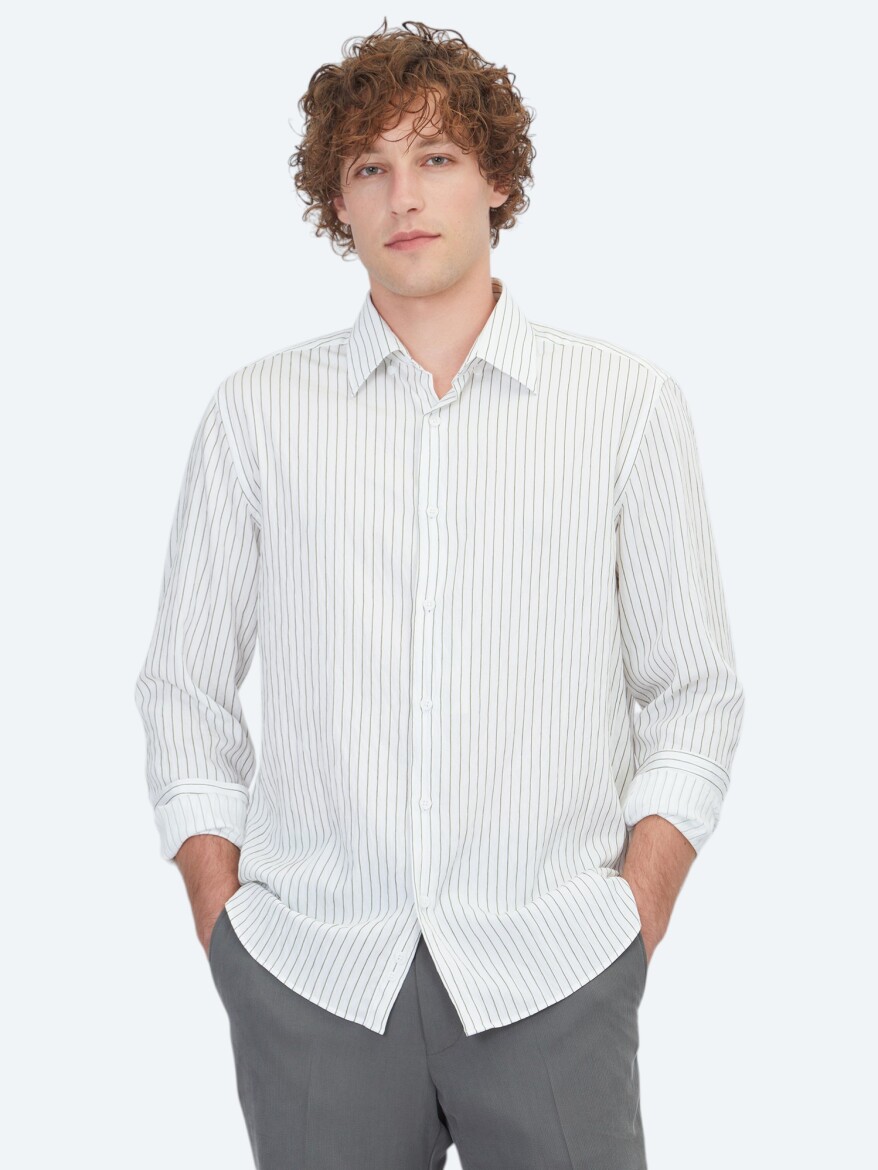 White Striped Regular Fit Long Weaving Casual Shirt - 1