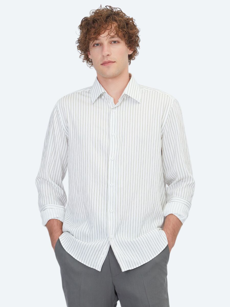 White Striped Regular Fit Long Weaving Casual Shirt - 1