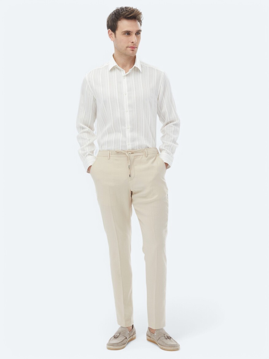 White Striped Regular Fit Long Weaving Classical Linen Blended Shirt - 3