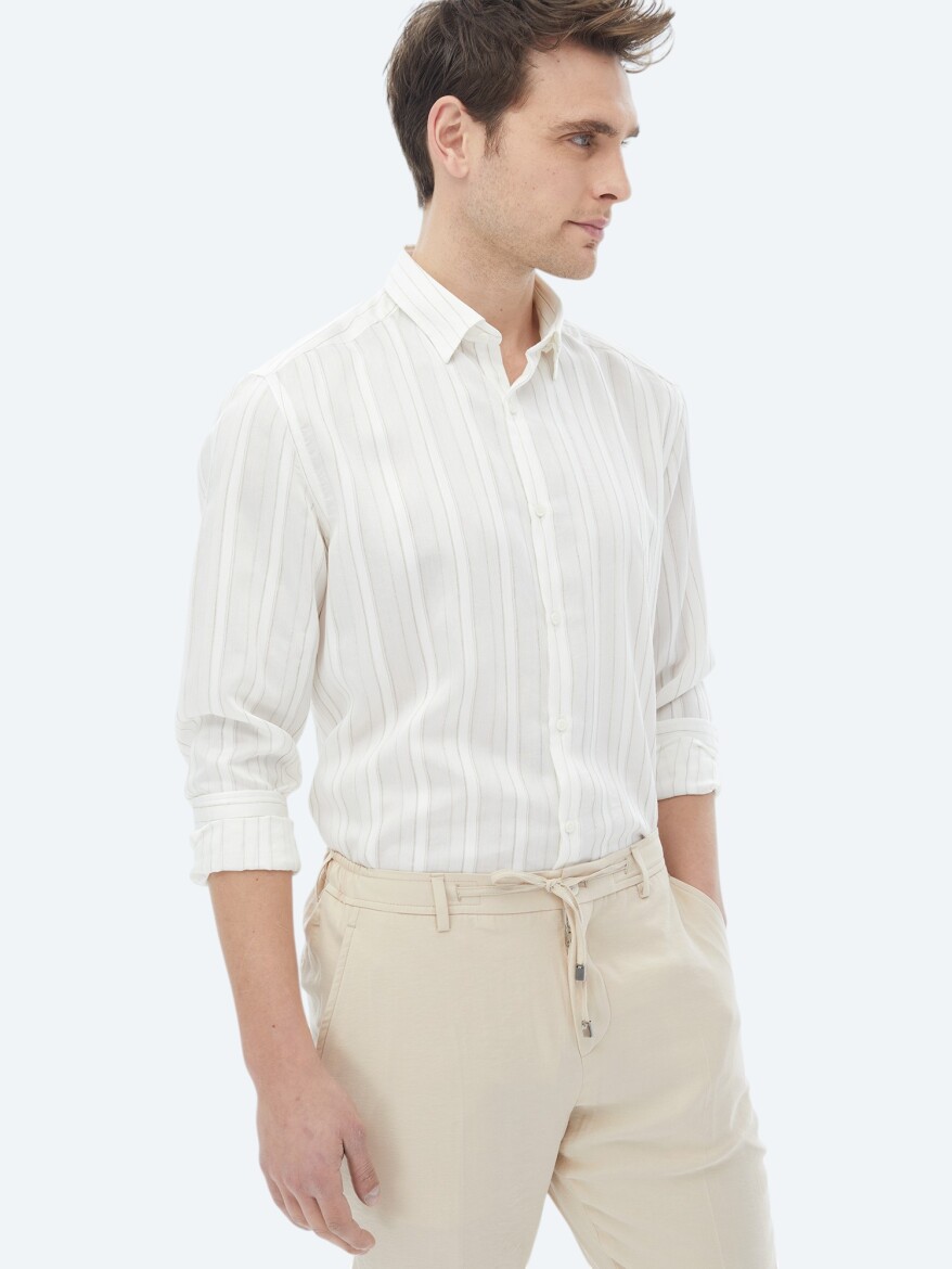 White Striped Regular Fit Long Weaving Classical Linen Blended Shirt - 5
