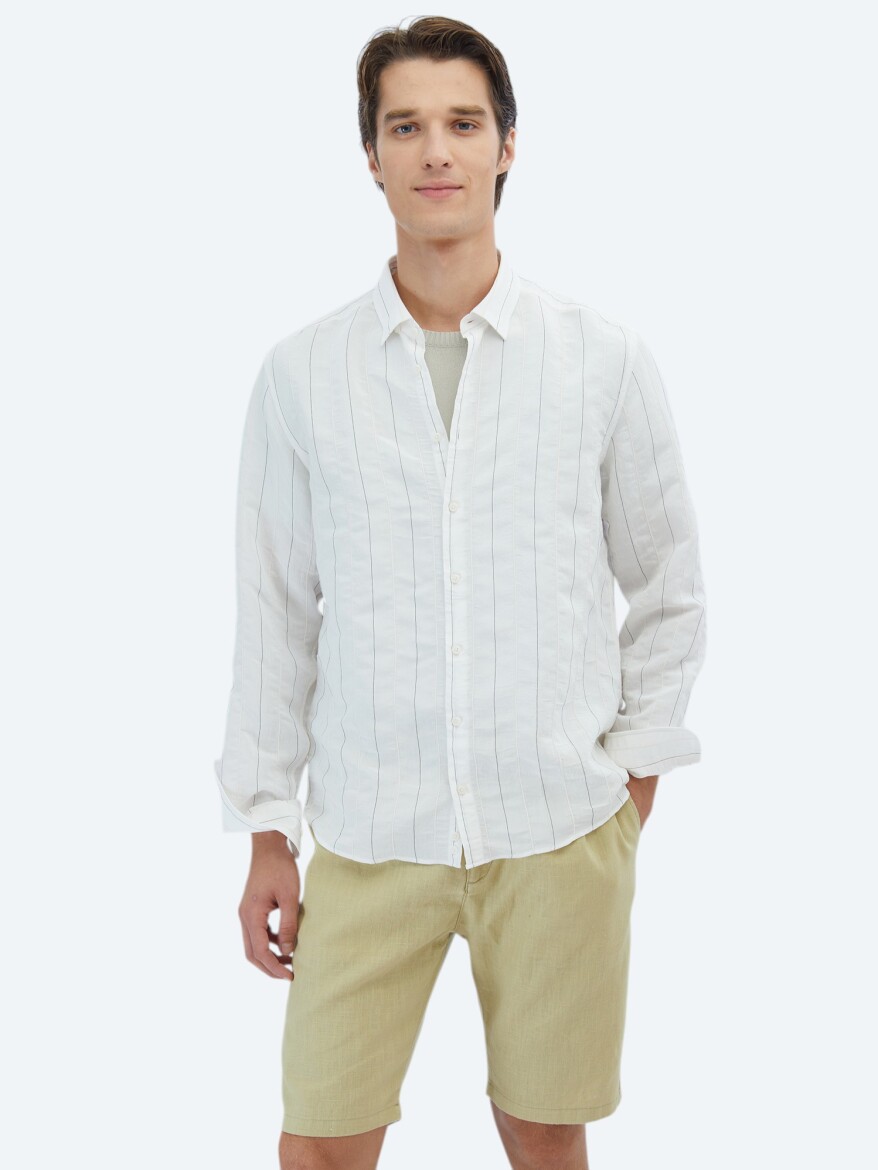 White Striped Regular Fit Long Weaving Classical Shirt - 1
