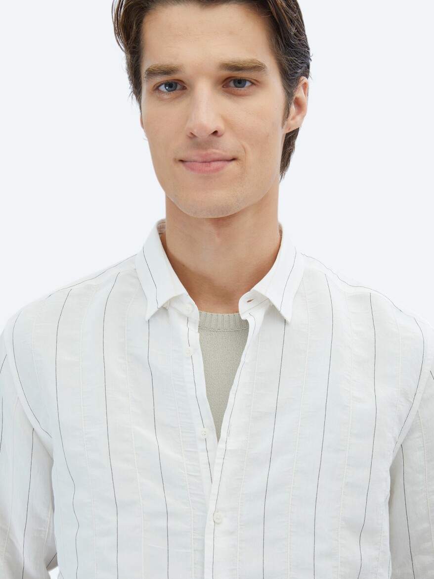 White Striped Regular Fit Long Weaving Classical Shirt - 3