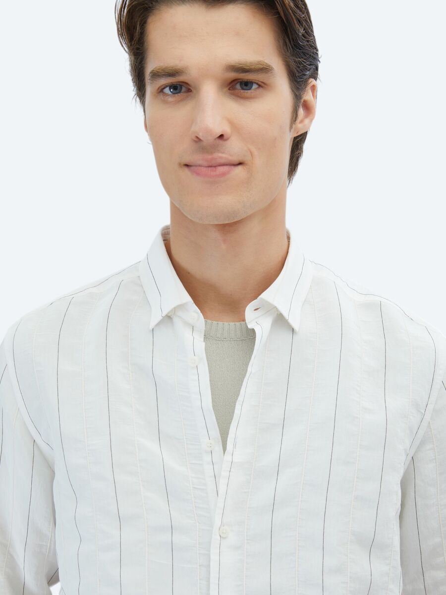 White Striped Regular Fit Long Weaving Classical Shirt - 3