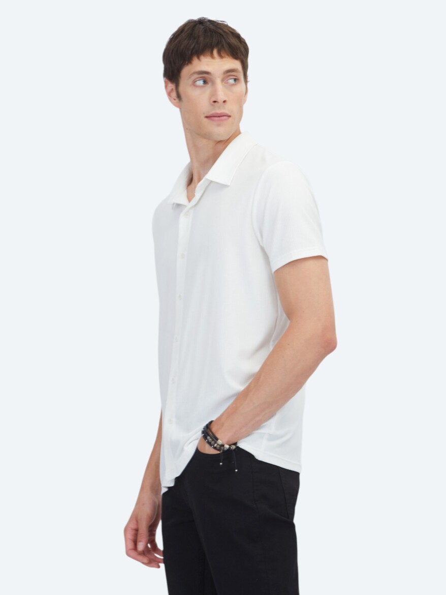 White Striped Regular Fit Short Knitting Casual Shirt - 3
