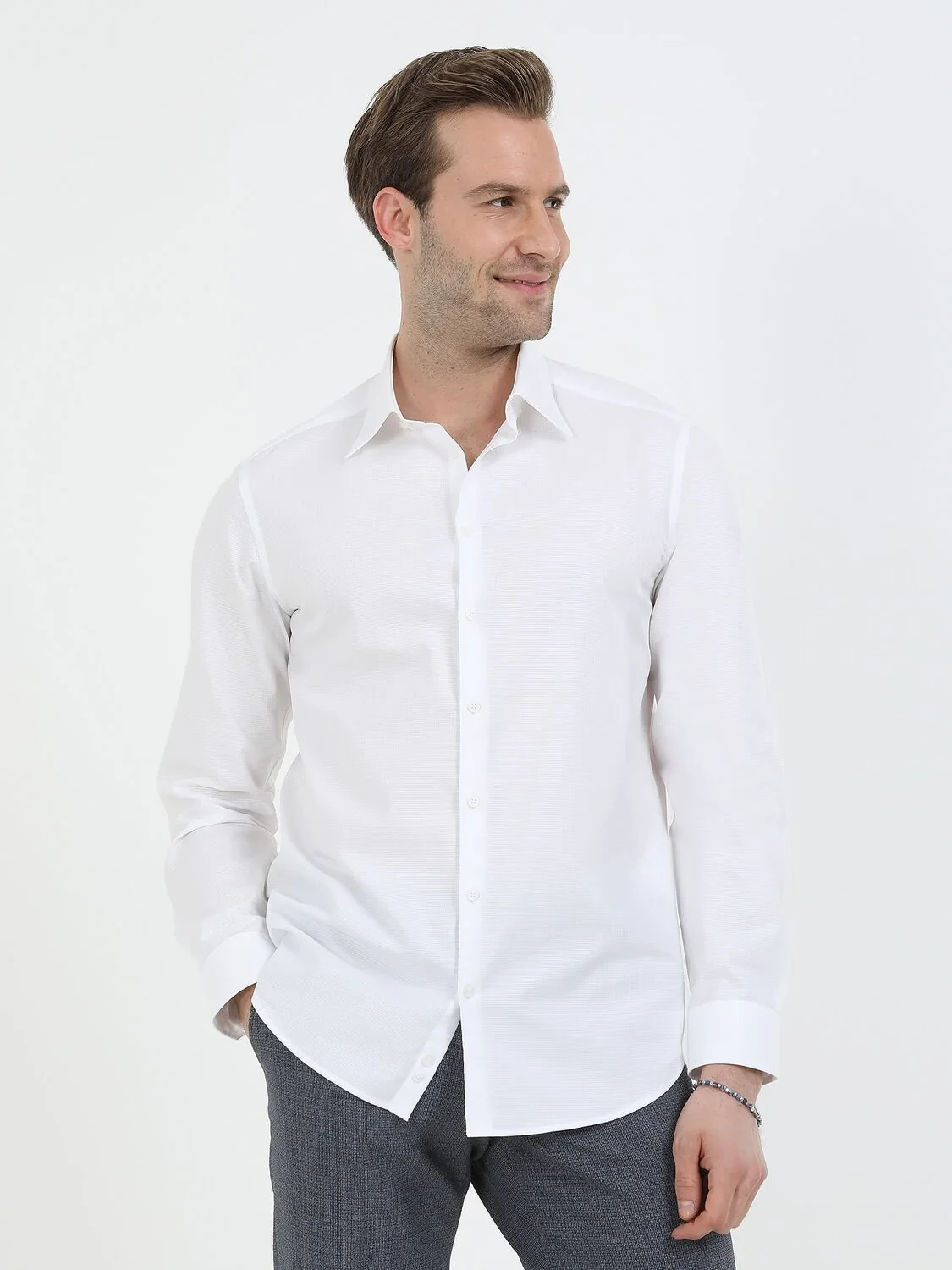 White Striped Regular Fit Weaving Classical 100% Cotton Shirt - 1