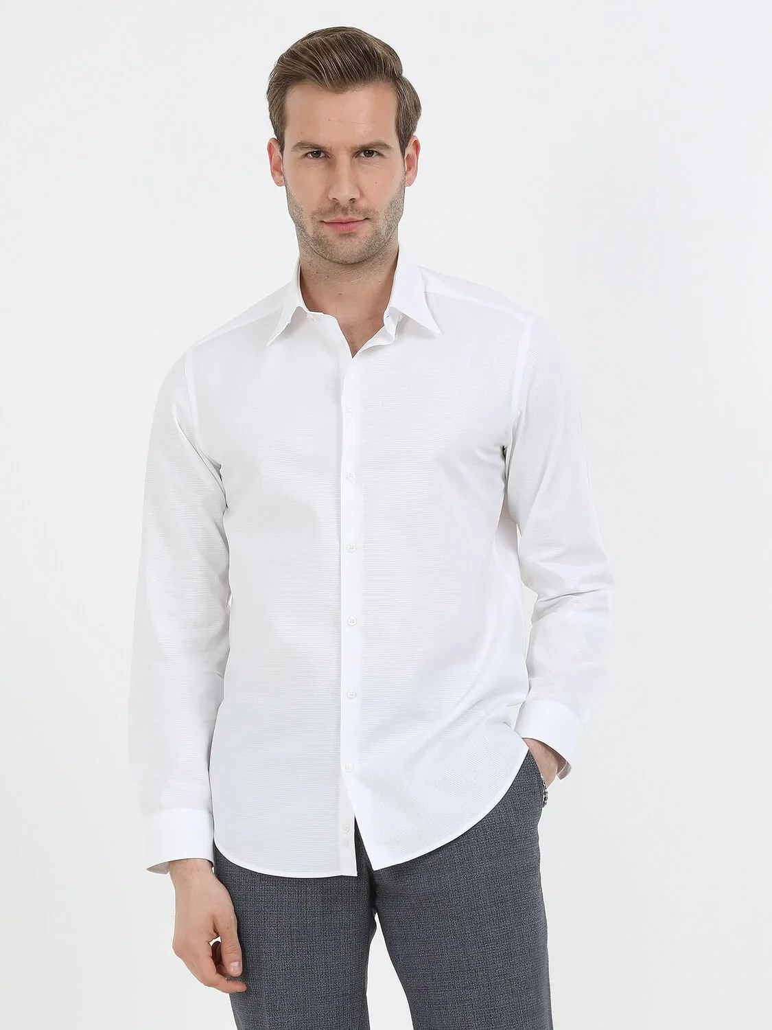 White Striped Regular Fit Weaving Classical 100% Cotton Shirt - 2