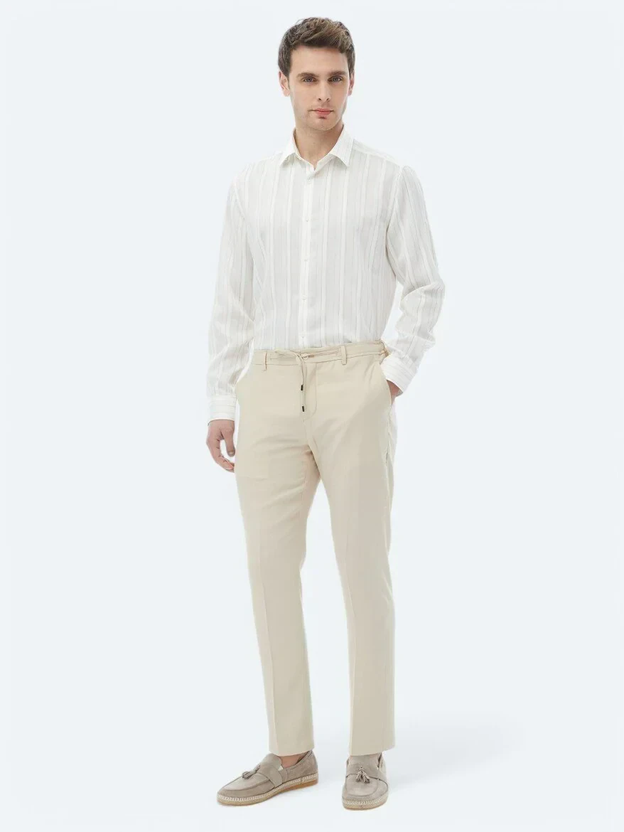 White Striped Regular Fit Weaving Classical Linen Blended Shirt - 2