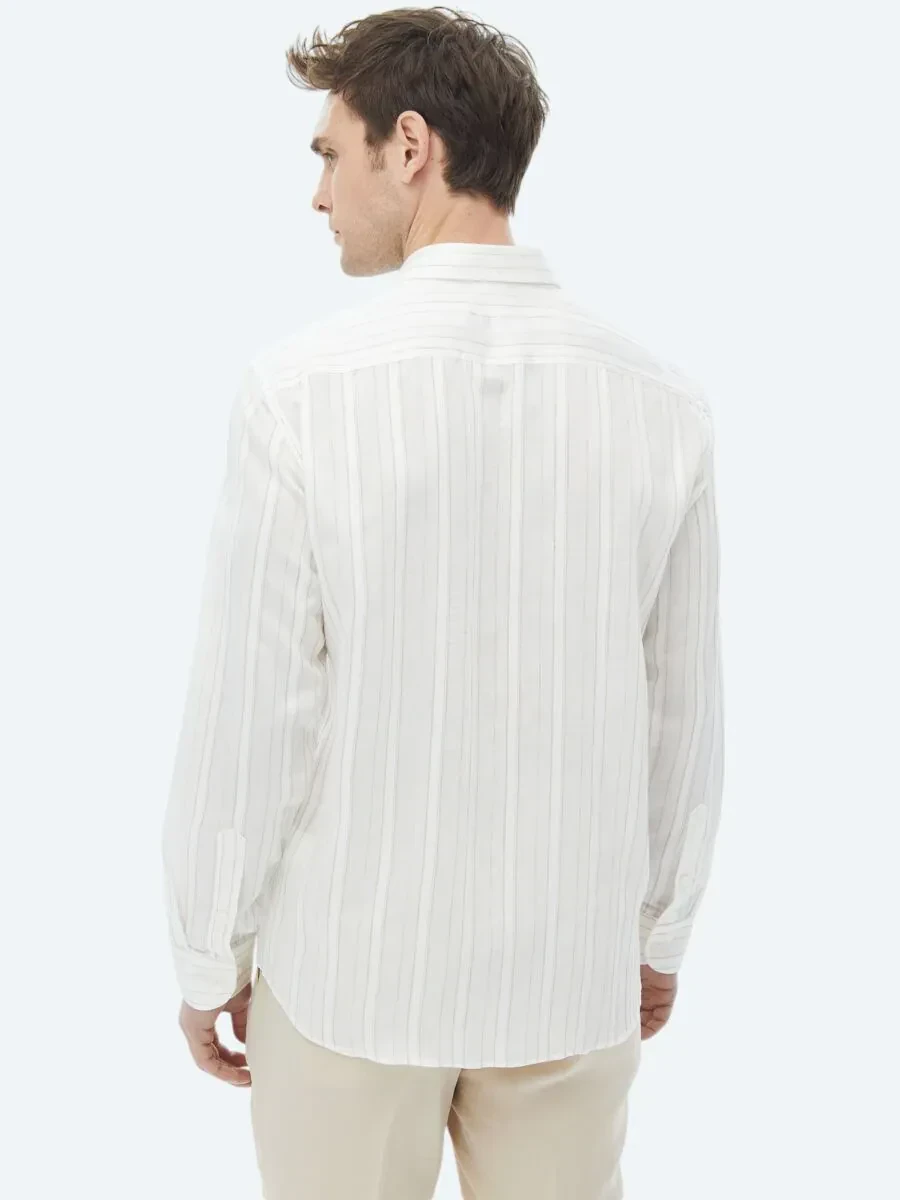 White Striped Regular Fit Weaving Classical Linen Blended Shirt - 9