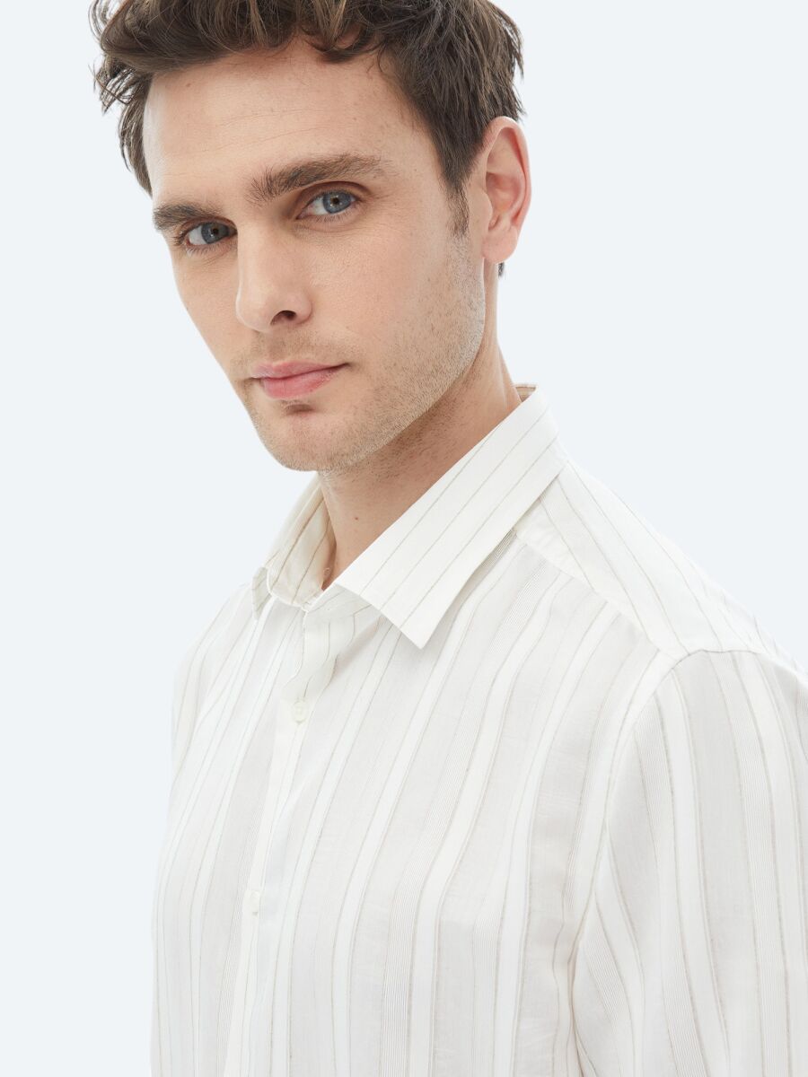 White Striped Regular Fit Weaving Classical Linen Blended Shirt - 4
