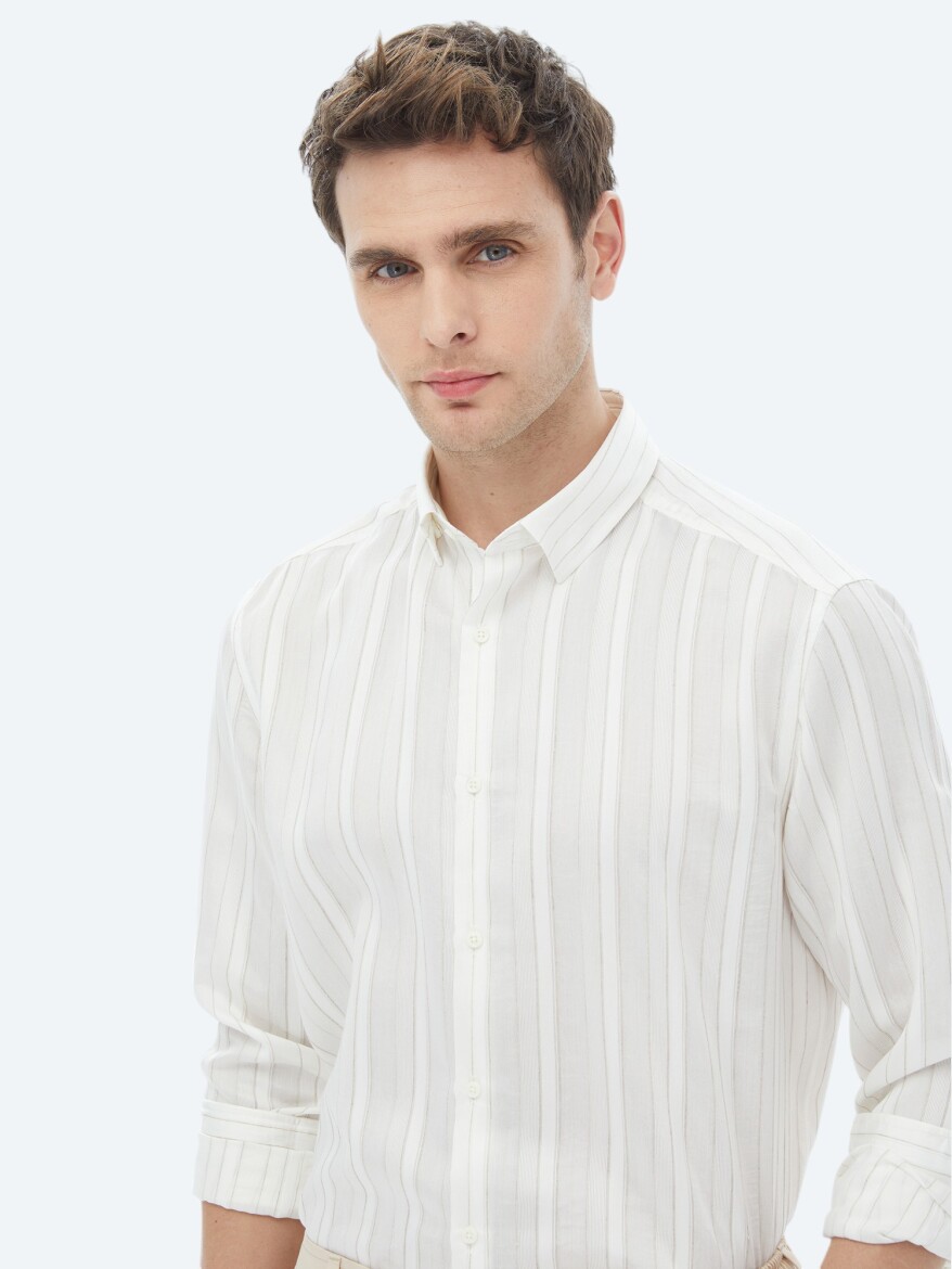 White Striped Regular Fit Weaving Classical Linen Blended Shirt - 6