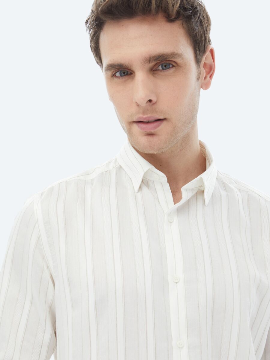 White Striped Regular Fit Weaving Classical Linen Blended Shirt - 7