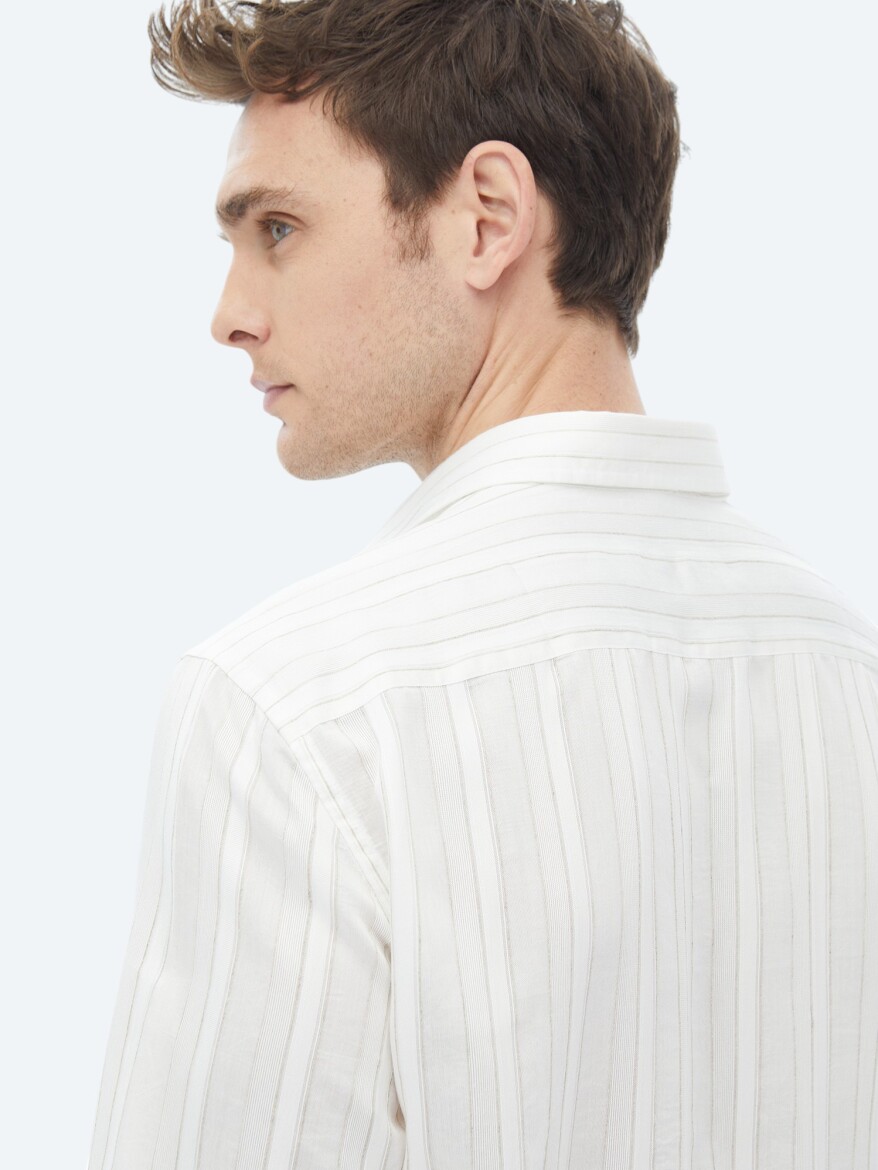 White Striped Regular Fit Weaving Classical Linen Blended Shirt - 8