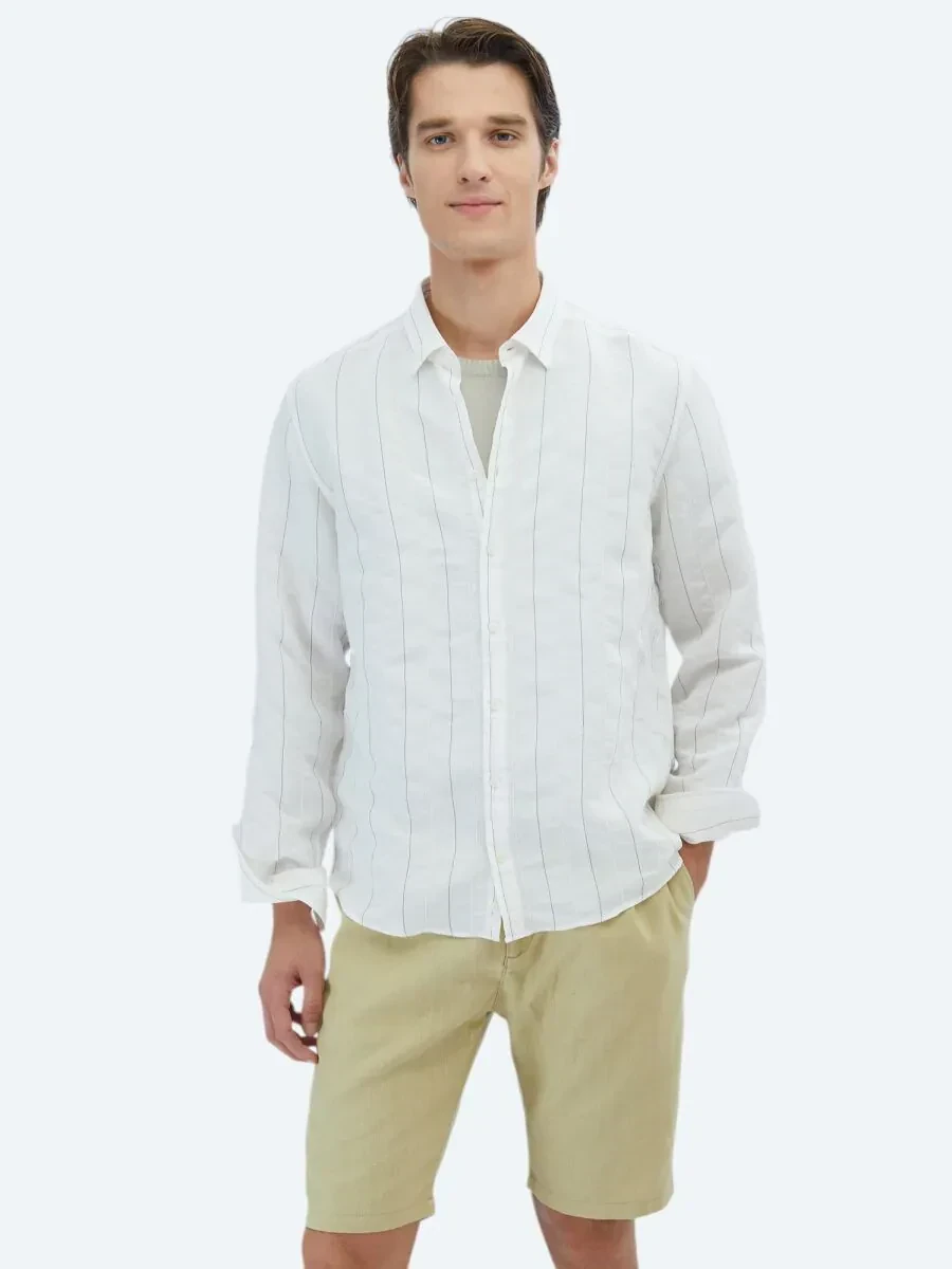 White Striped Regular Fit Weaving Classical Shirt - 1