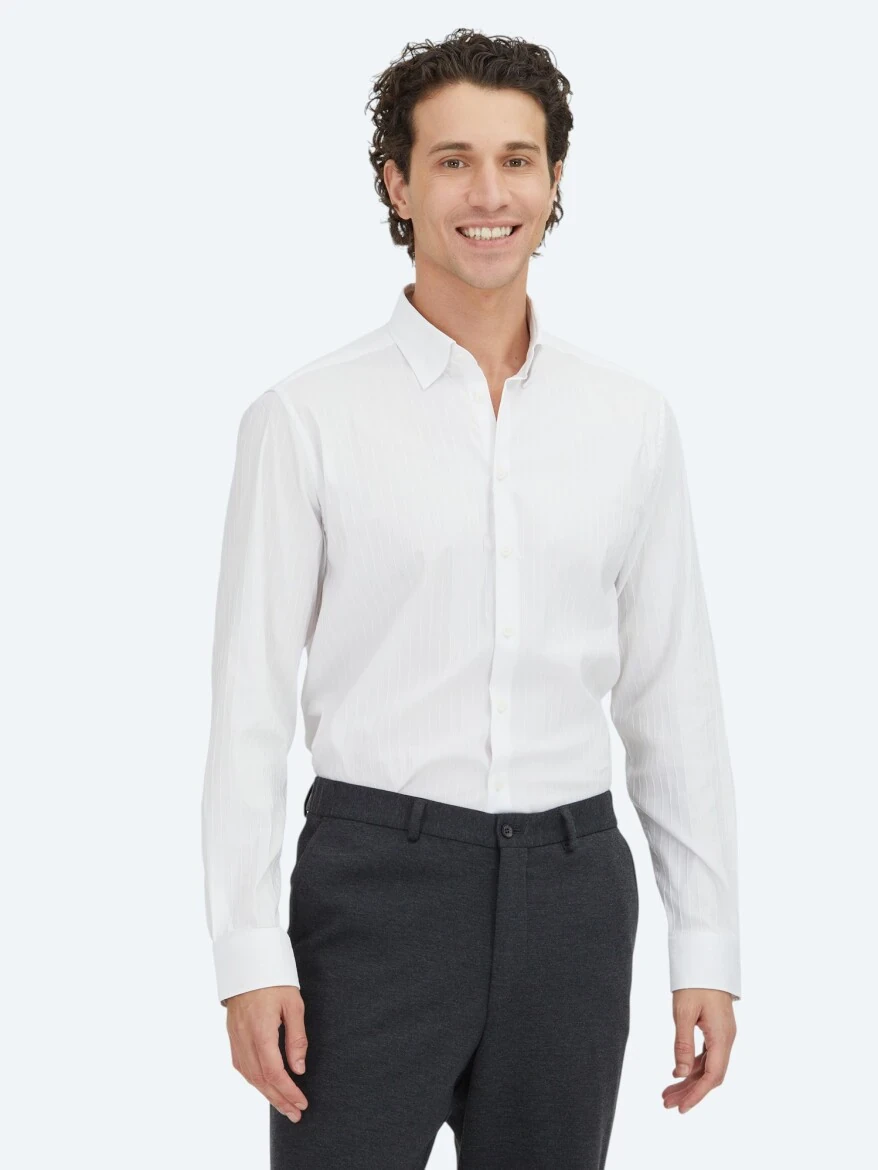 White Striped Regular Fit Weaving Sport Cotton Blended Shirt - 1