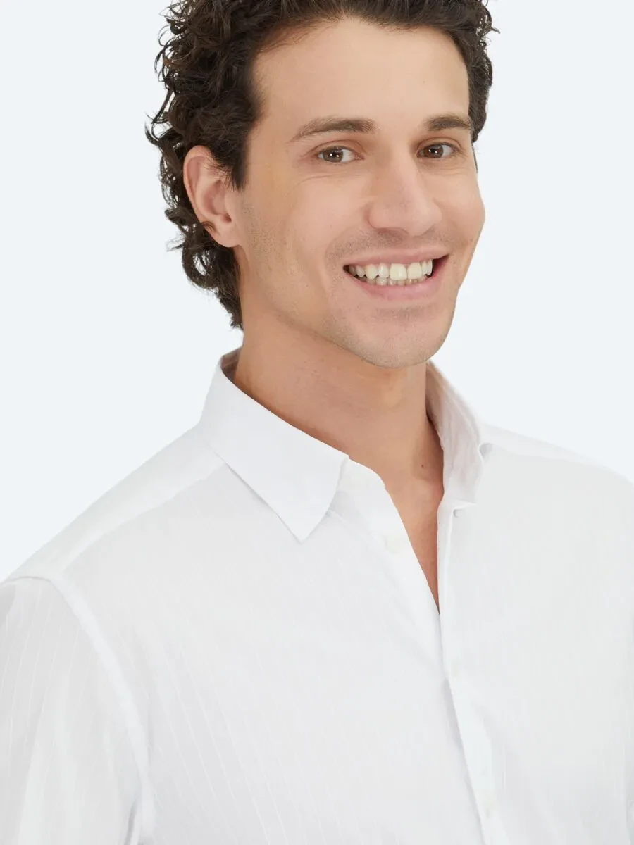 White Striped Regular Fit Weaving Sport Cotton Blended Shirt - 3