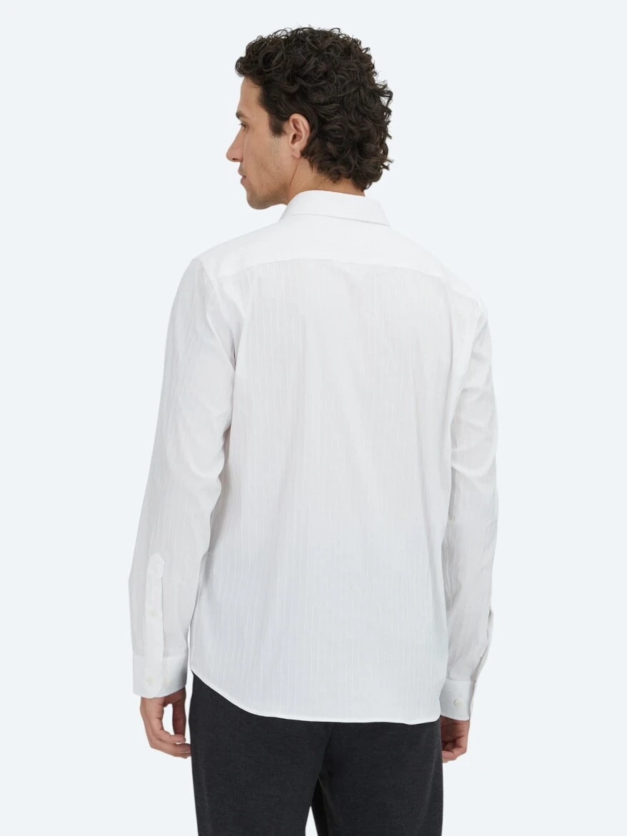 White Striped Regular Fit Weaving Sport Cotton Blended Shirt - 5