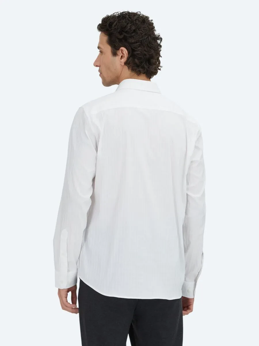 White Striped Regular Fit Weaving Sport Cotton Blended Shirt - 5