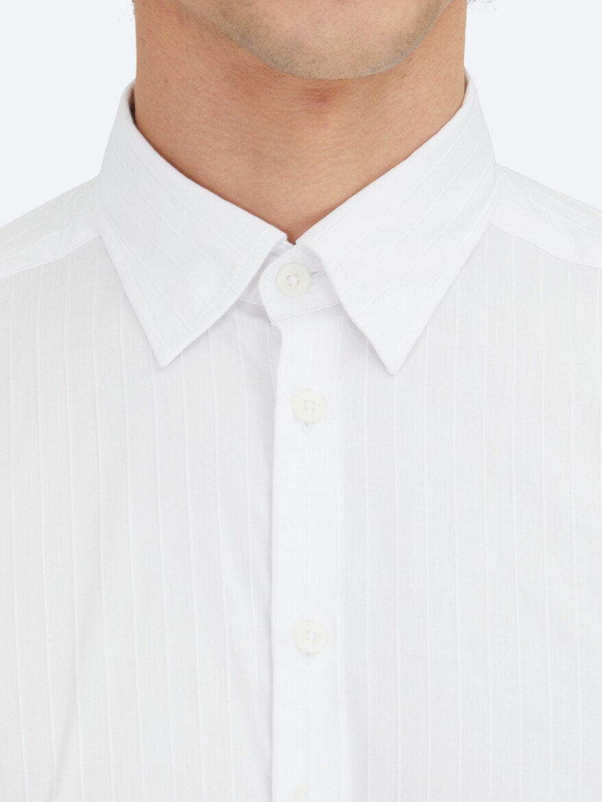 White Striped Regular Fit Weaving Sport Cotton Blended Shirt - 4
