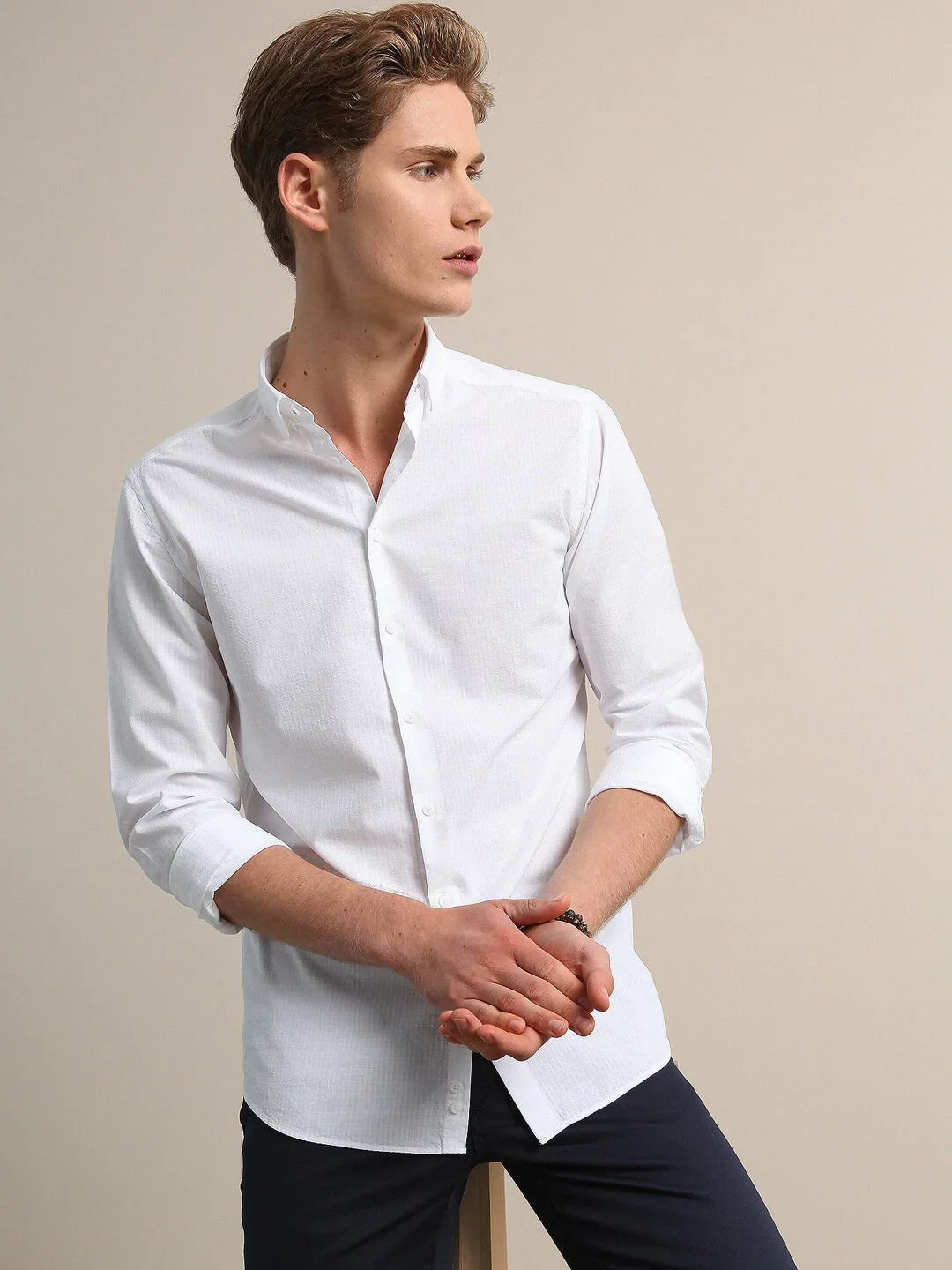 White Striped Slim Fit Weaving Casual 100% Cotton Shirt - 1