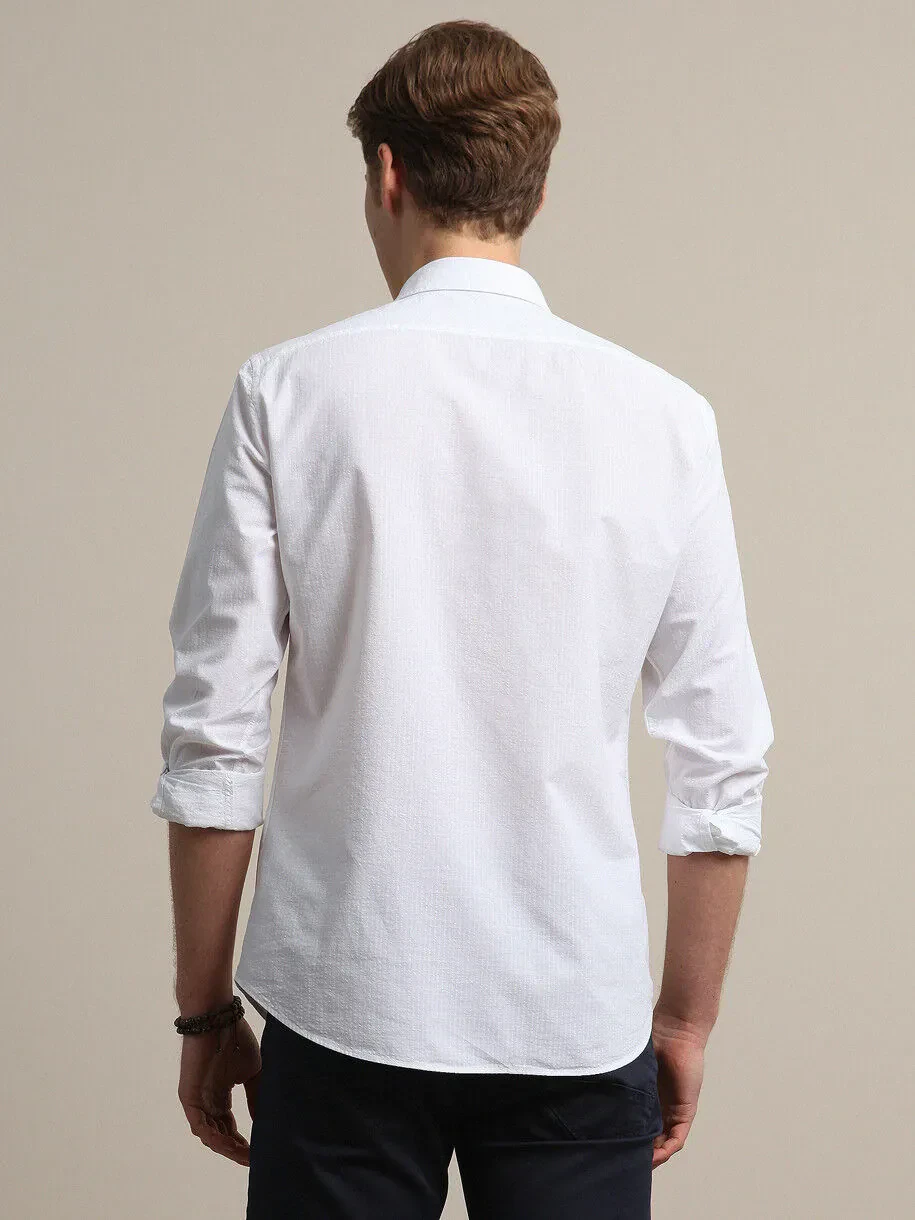 White Striped Slim Fit Weaving Casual 100% Cotton Shirt - 5
