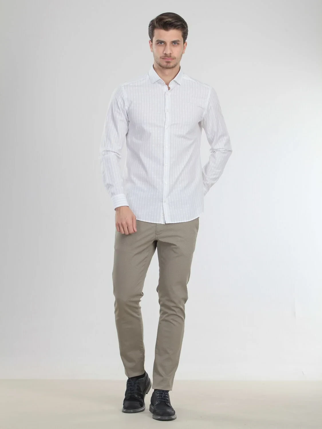 White Striped Weaving Casual 100% Cotton Shirt - 1