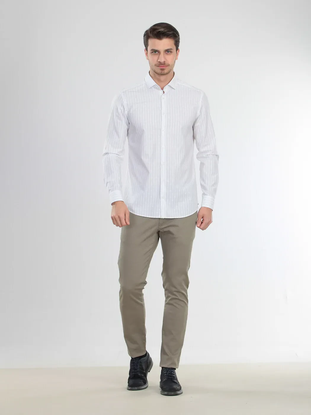 White Striped Weaving Casual 100% Cotton Shirt - 2