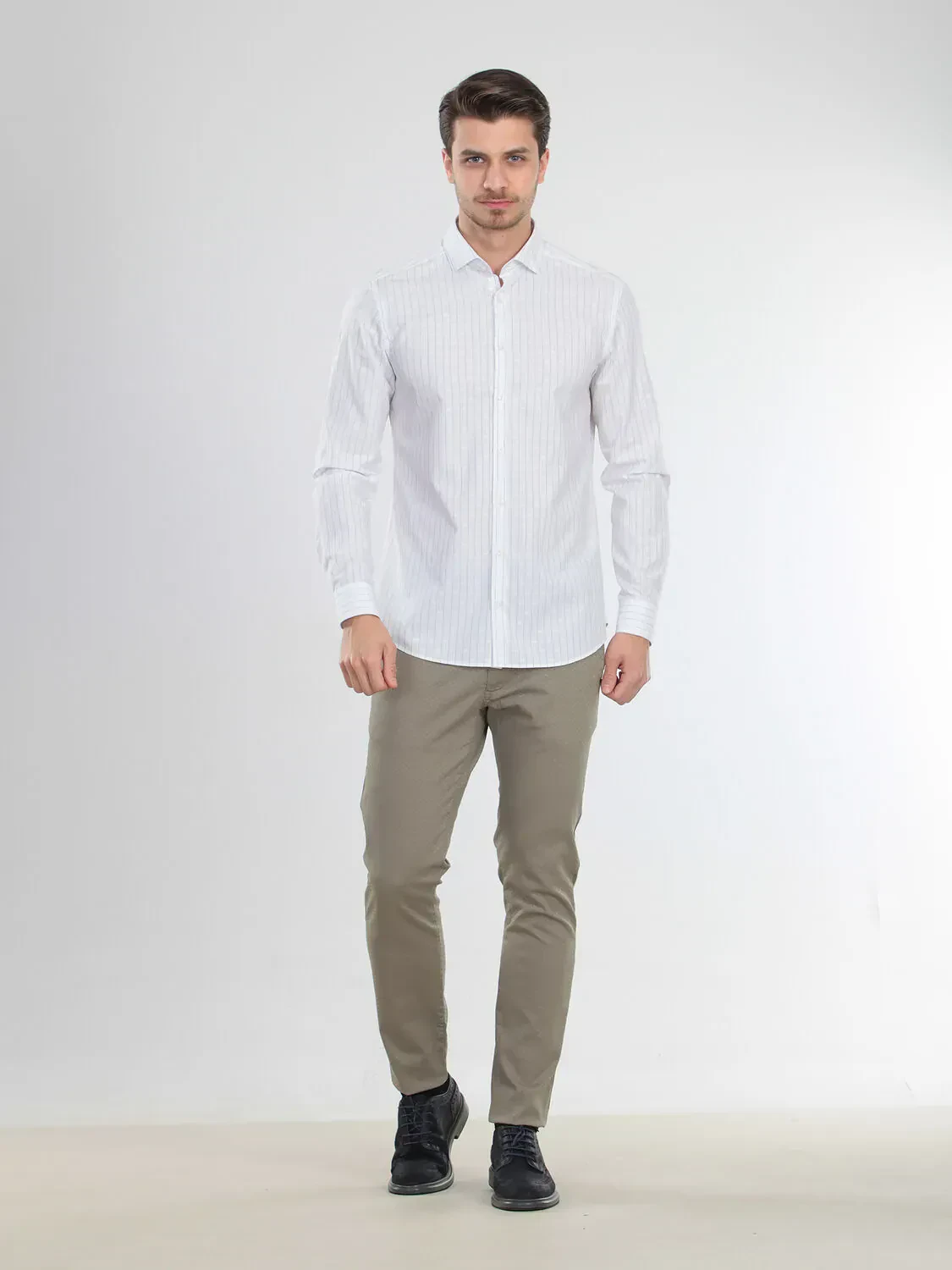 White Striped Weaving Casual 100% Cotton Shirt - 2