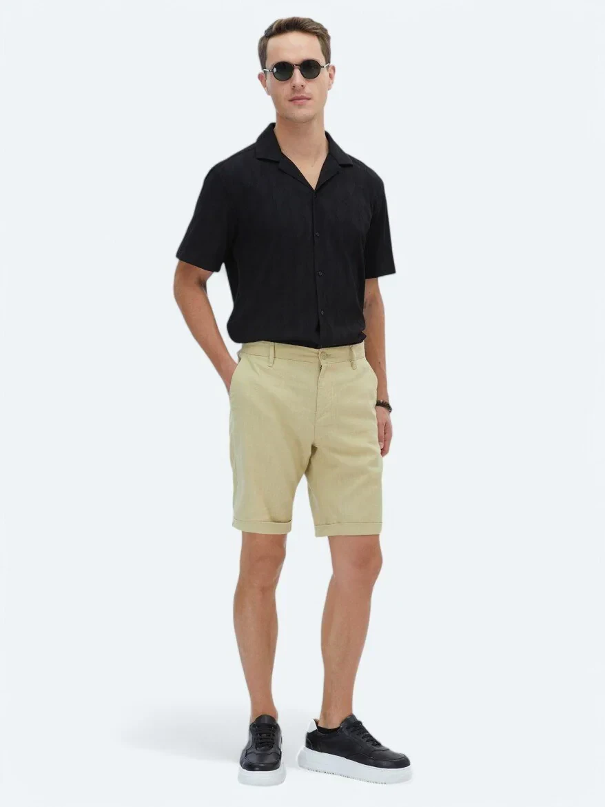Yağ Yeşili Dokuma Slim Fit Casual Bermuda - 1
