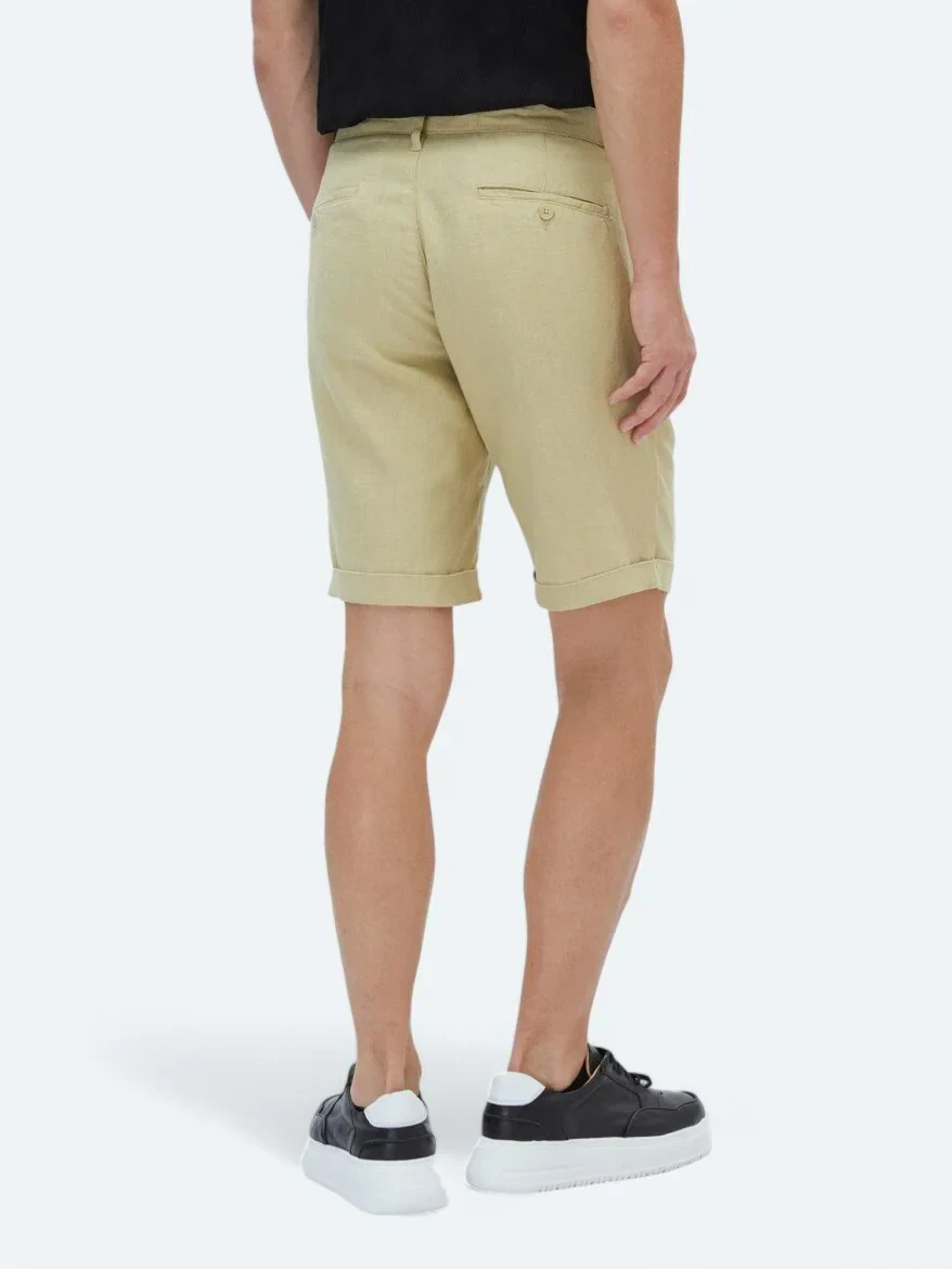 Yağ Yeşili Dokuma Slim Fit Casual Bermuda 