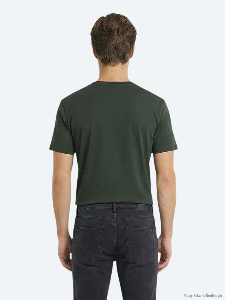 Yağ Yeşili Düz %100 Pamuk T-Shirt - 2