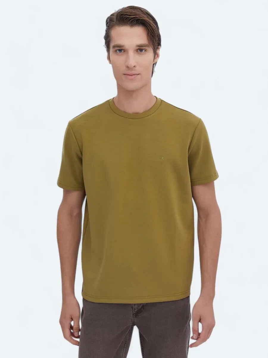 Yağ Yeşili Düz Bisiklet Yaka T-Shirt - 1