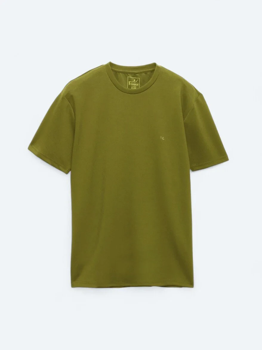 Yağ Yeşili Düz Bisiklet Yaka T-Shirt - 7