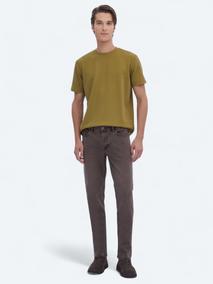 Yağ Yeşili Düz Bisiklet Yaka T-Shirt - 2